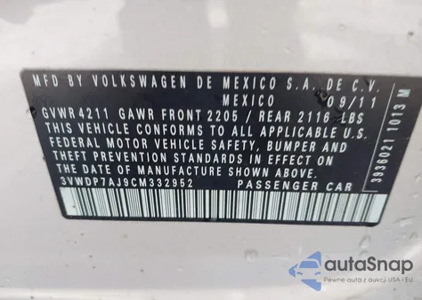 2012 Volkswagen Jetta 2.5L Se z USA, uszkodzony, nr VIN 3VWDP7AJ9CM332952